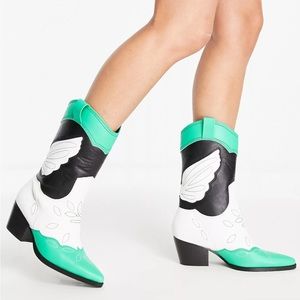 Public Desire cowboy western boots in green mix, Wide fit